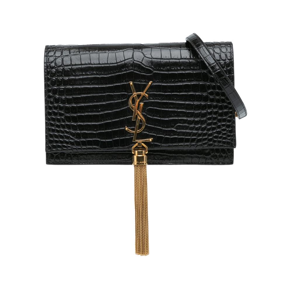 Saint Laurent B Saint Laurent Black Calf Leather Small Croc Embossed Kate Tassel Wallet on Chain Italy