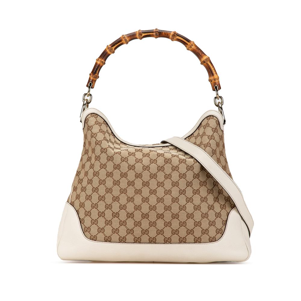 Gucci AB Gucci Brown Beige with White Canvas Fabric GG Bamboo Diana Satchel Italy