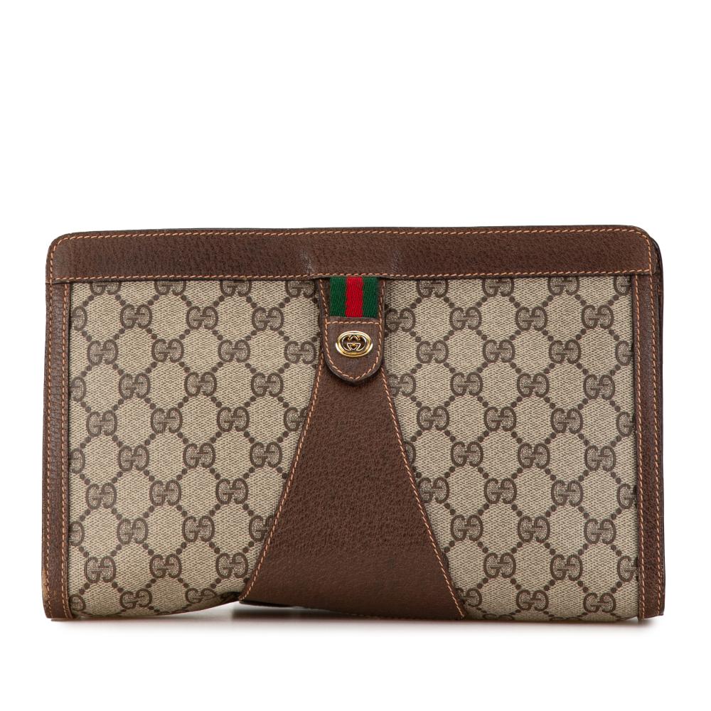 Gucci B Gucci Brown Beige Coated Canvas Fabric GG Supreme Web Clutch Italy