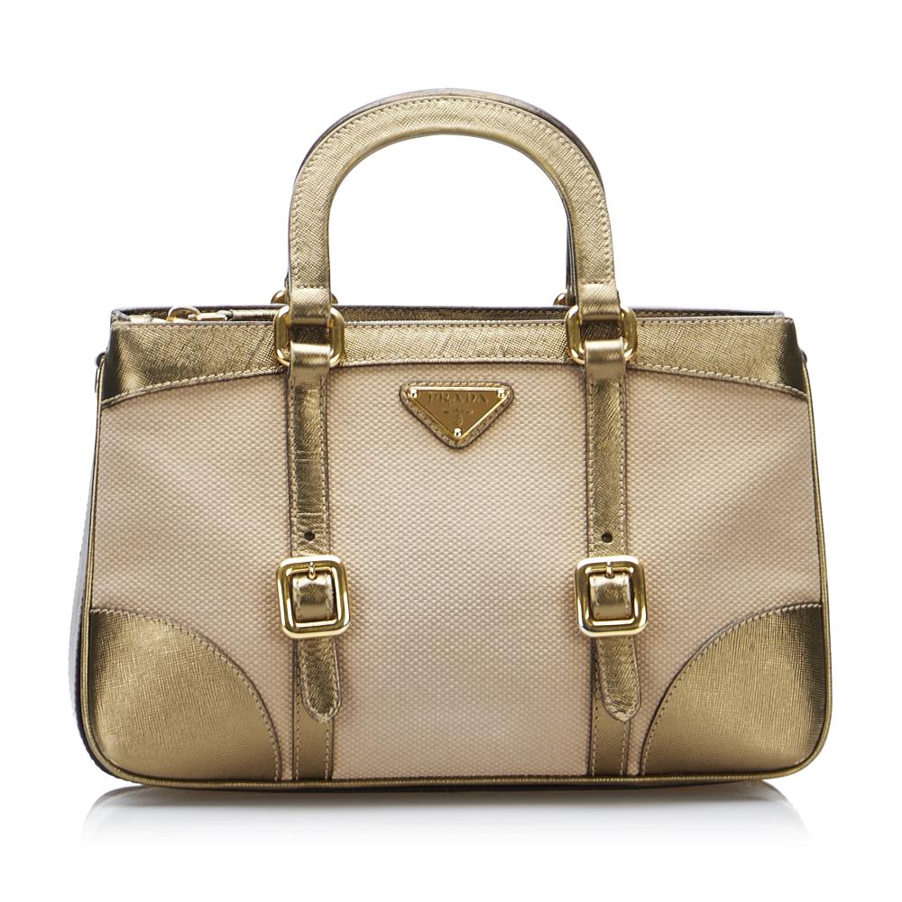 Prada AB Prada Brown Beige with Gold Nylon Fabric Saffiano-Trimmed Tessuto Satchel Italy