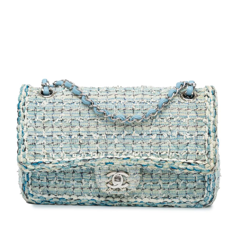 Chanel AB Chanel Blue Light Blue Tweed Fabric Medium Braided Double Flap France