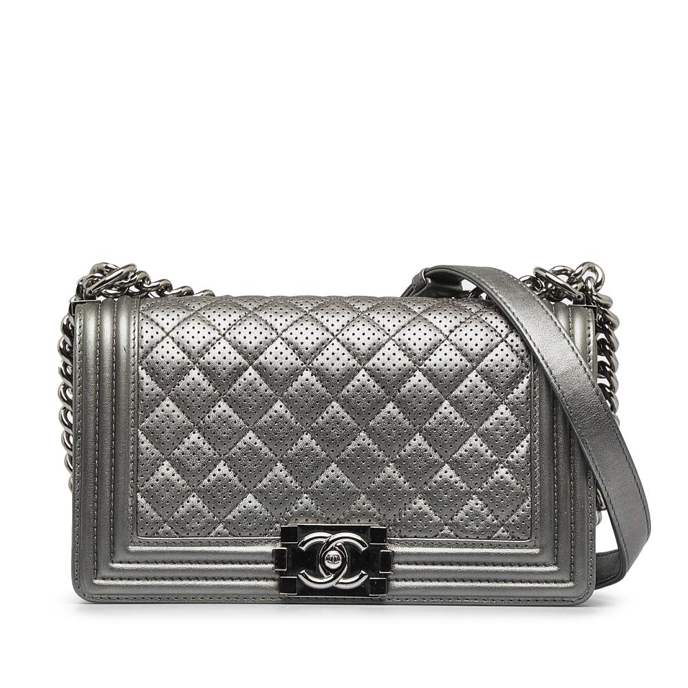 Chanel B Chanel Silver Lambskin Leather Leather Medium Perforated Lambskin Boy Flap Italy