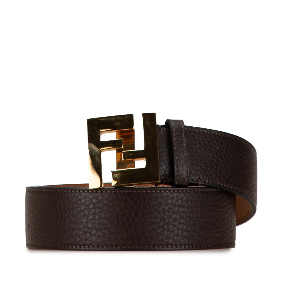 Fendi B Fendi Brown Dark Brown Calf Leather FF Pebbled Belt Italy