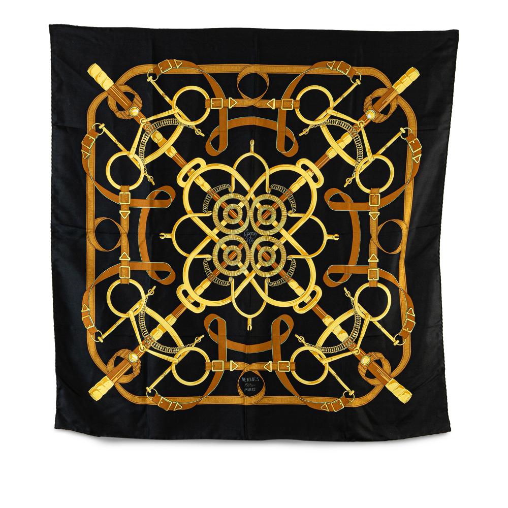 Hermès AB Hermès Black Silk Fabric Eperon d'Or Scarf France