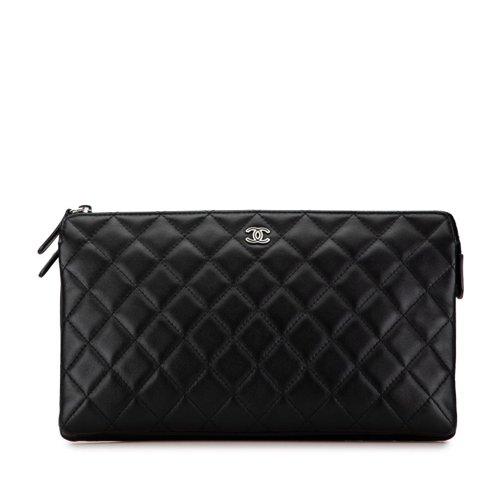 Chanel AB Chanel Black Lambskin Leather Leather CC Quilted Lambskin Double Zip Clutch Italy