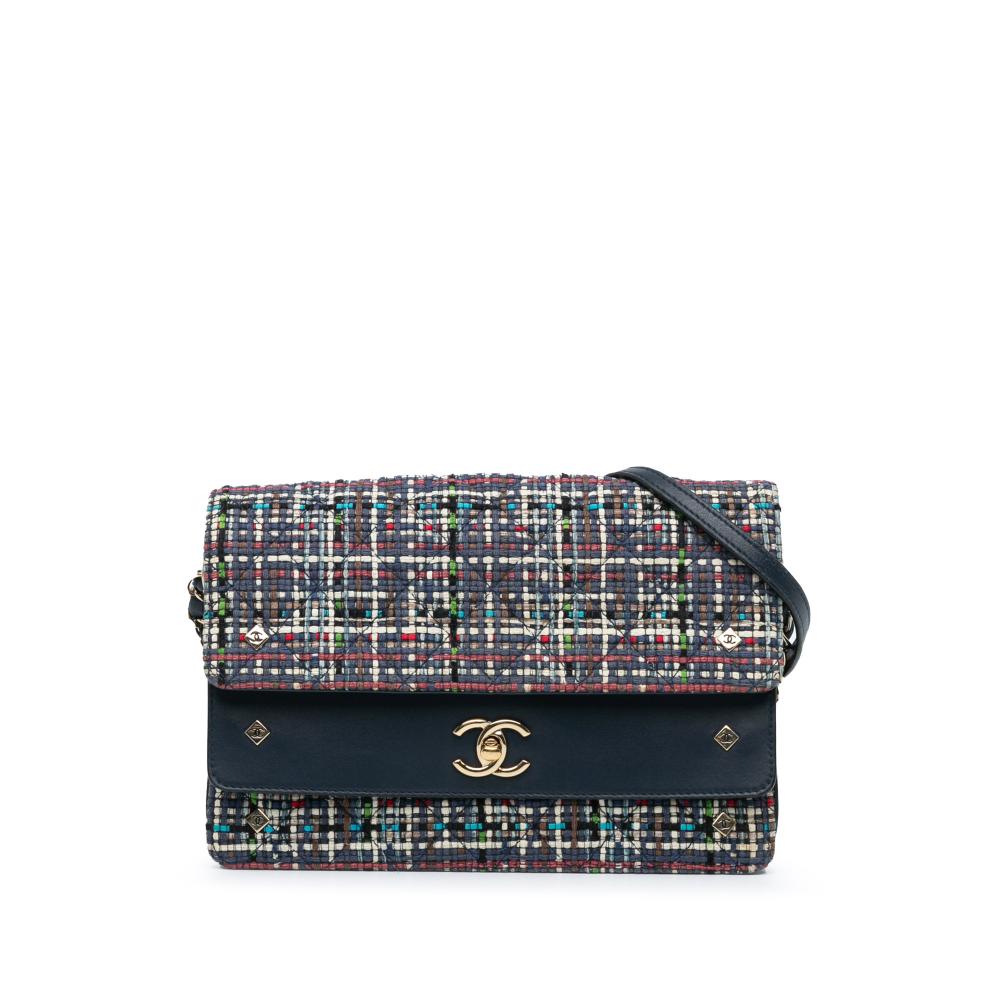 Chanel B Chanel Blue Navy Tweed Fabric CC Multicolor Double Flap Italy