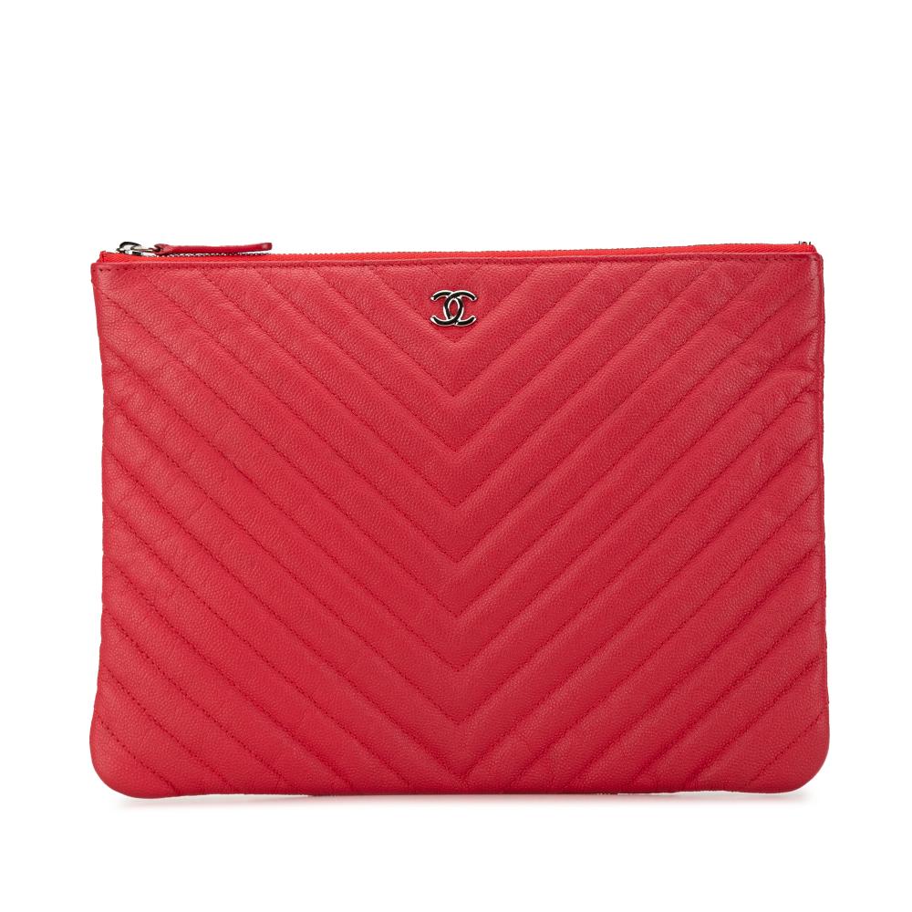 Chanel AB Chanel Red Caviar Leather Leather Medium Chevron Caviar O Case Clutch Italy