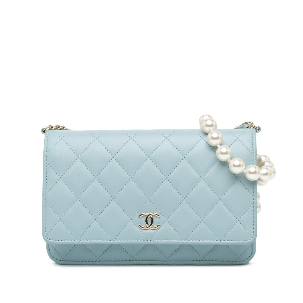 Chanel AB Chanel Blue Light Blue Lambskin Leather Leather CC Lambskin Pearl Wallet On Chain Italy