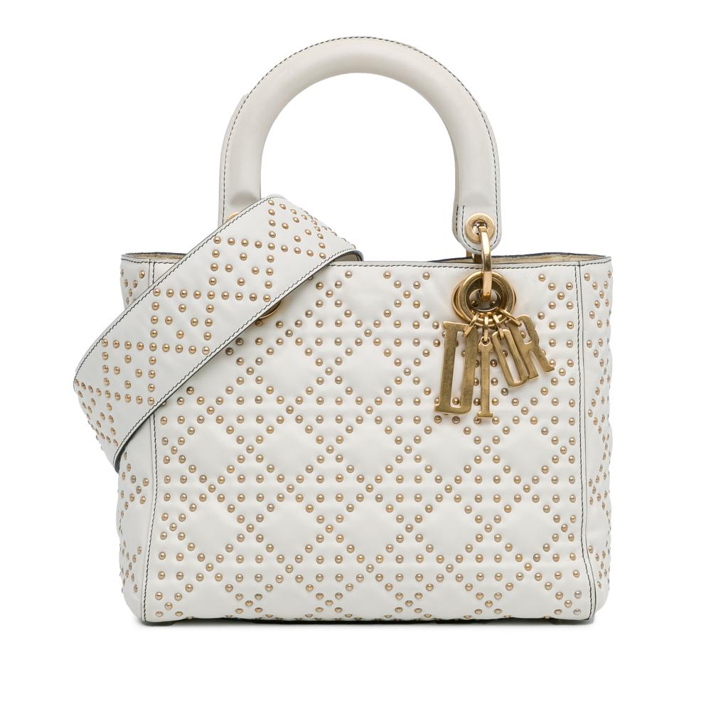 Christian Dior B Dior White Lambskin Leather Leather Medium Lambskin Cannage Studded Supple Lady Dior Italy