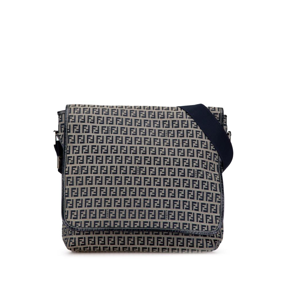 Fendi B Fendi Gray Navy with Blue Navy Canvas Fabric Zucchino Crossbody Italy