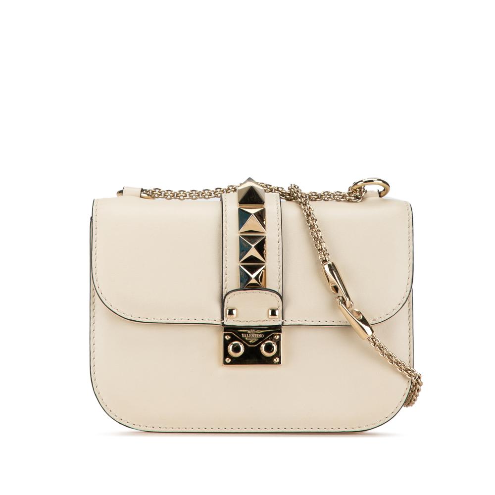 Valentino B Valentino White Ivory Calf Leather Small Rockstud Glam Lock Crossbody Italy