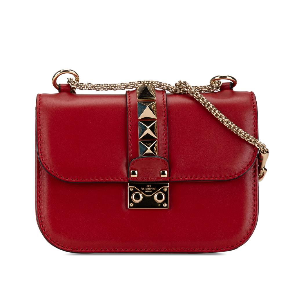 Valentino B Valentino Red Calf Leather Small Rockstud Glam Lock Crossbody Italy