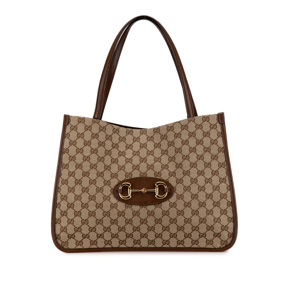 Gucci AB Gucci Brown Beige Canvas Fabric GG Horsebit 1955 Tote Italy