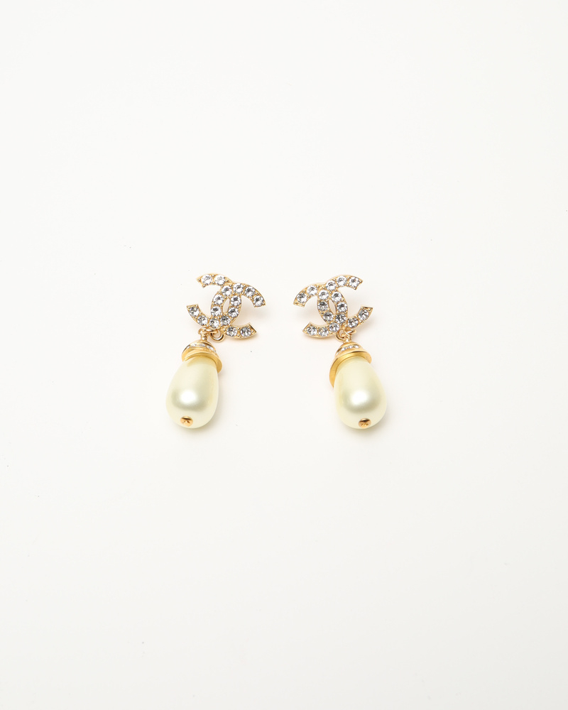 Chanel CC Rhinestones and Pearl Drop Earrings