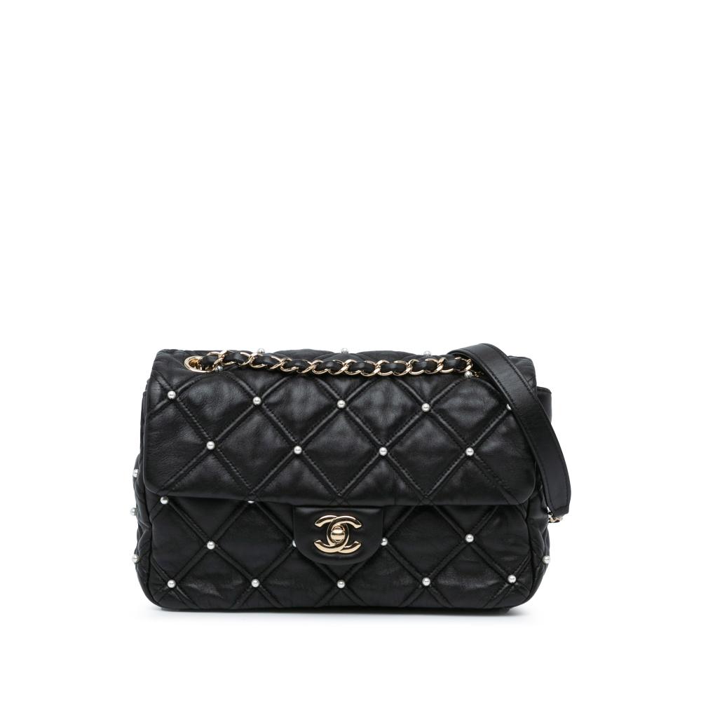 Chanel B Chanel Black Lambskin Leather Leather Medium Quilted Lambskin Pearl Studs Flap France