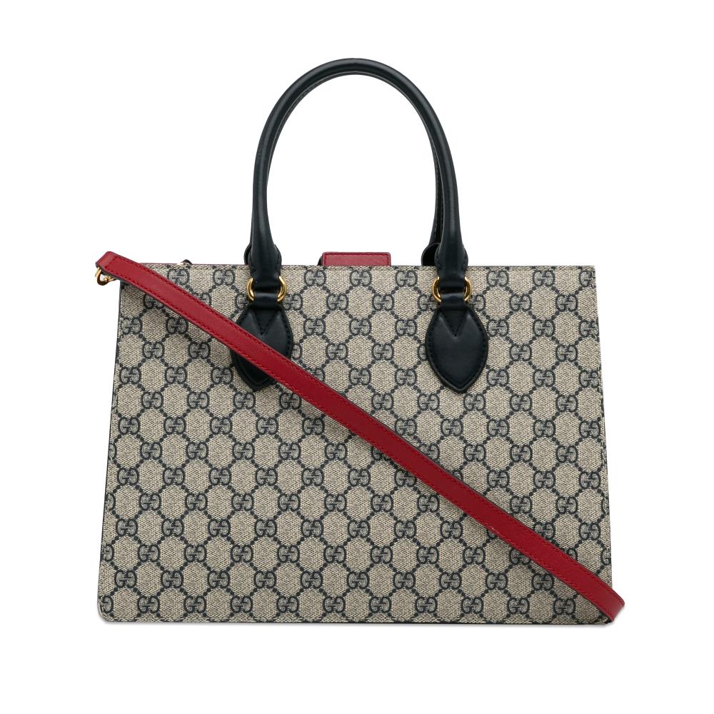 Gucci B Gucci Brown Beige with Black Coated Canvas Fabric Medium GG Supreme Convertible Tote Italy