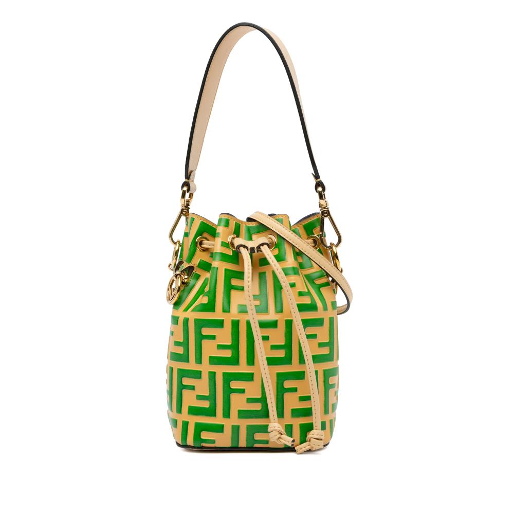 Fendi B Fendi Yellow with Green Calf Leather Mini Zucca Mon Tresor Embossed Bucket Bag Italy