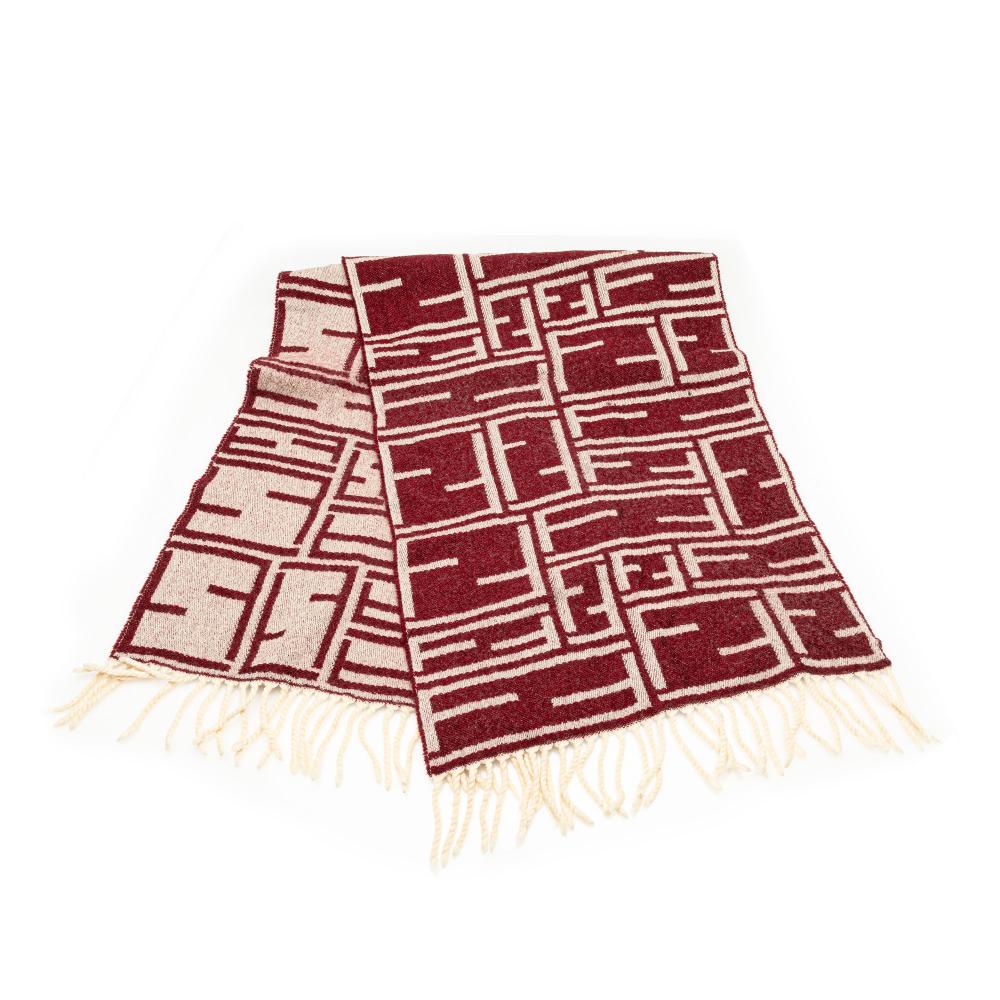 Fendi B Fendi Brown Beige with Red Dark Red Wool Fabric Zucca Fringe Reversible Scarf Italy