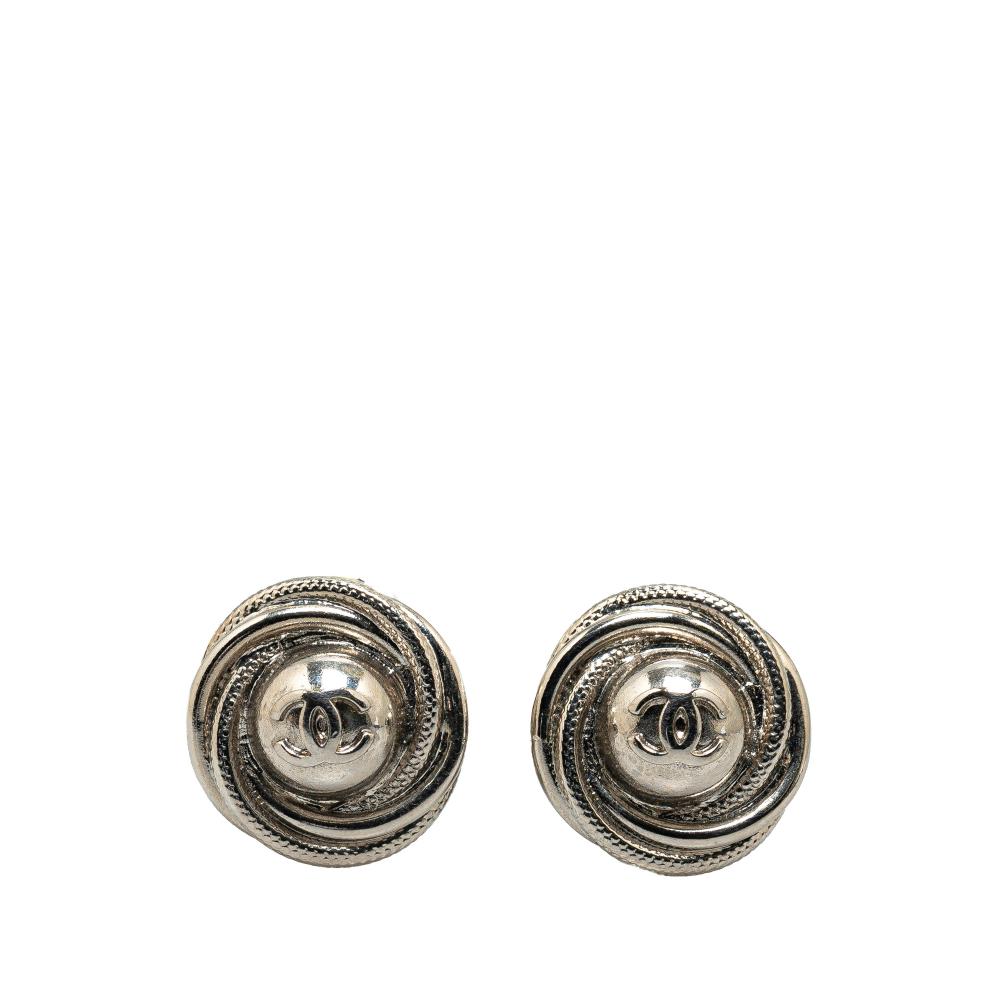 Chanel B Chanel Silver Brass Metal Silver Plated CC Clip On Earrings France