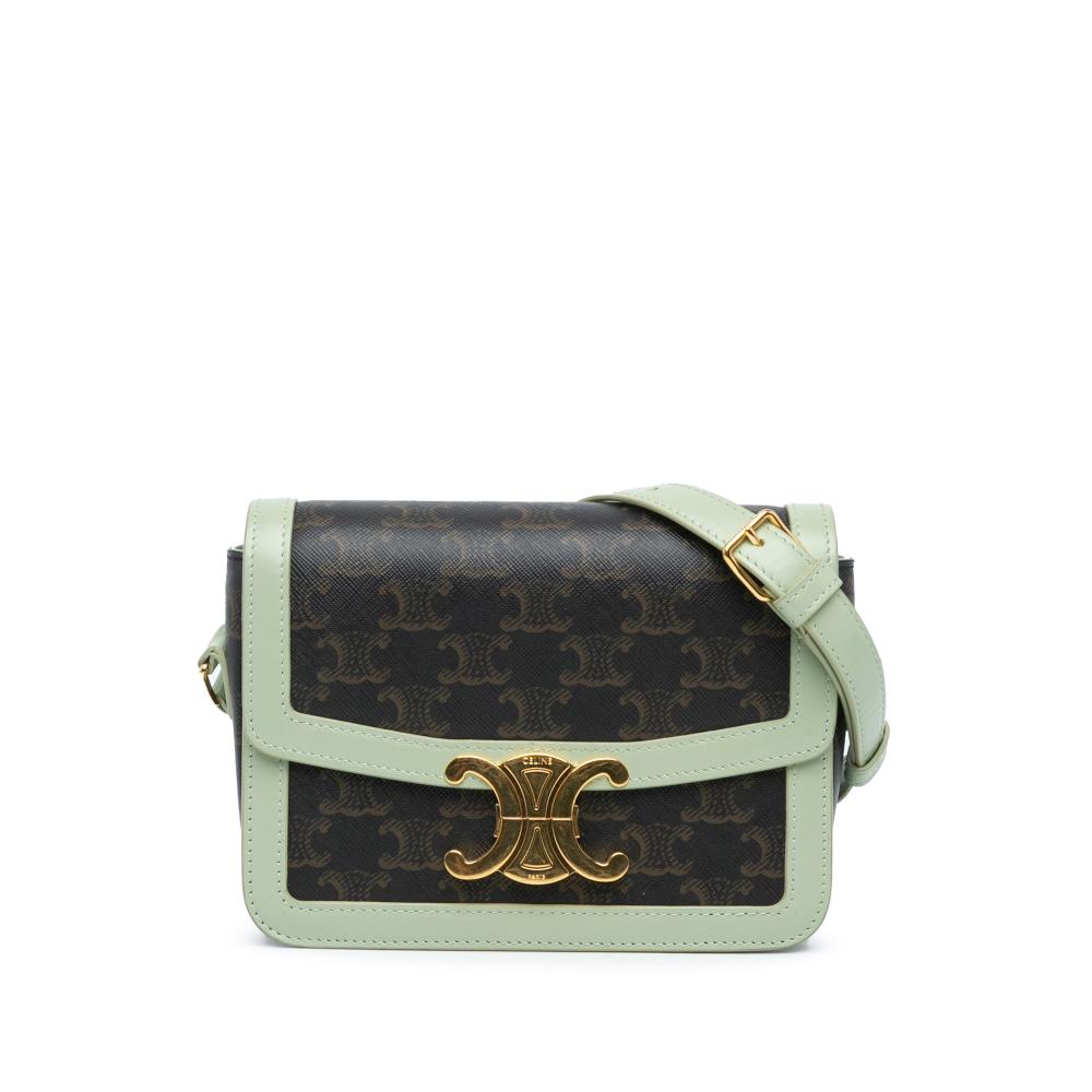 Celine B Celine Brown Dark Brown with Green Light Green Coated Canvas Fabric Teen Triomphe Crossbody Italy