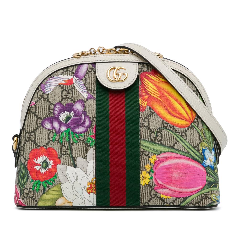 Gucci B Gucci Brown Beige with Multi Coated Canvas Fabric Small GG Supreme Flora Ophidia Dome Italy