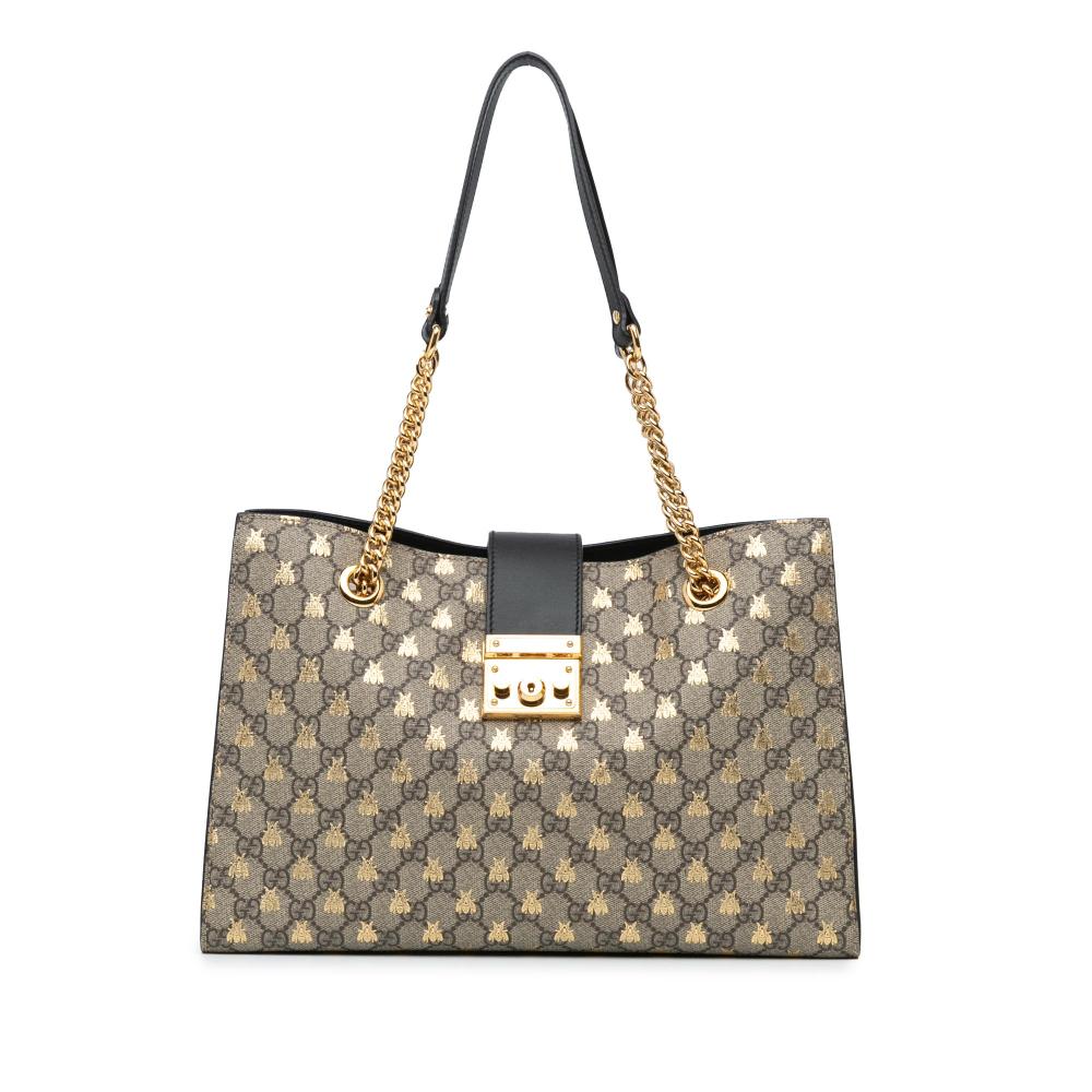 Gucci B Gucci Brown Beige Coated Canvas Fabric Medium GG Supreme Bees Padlock Tote Italy