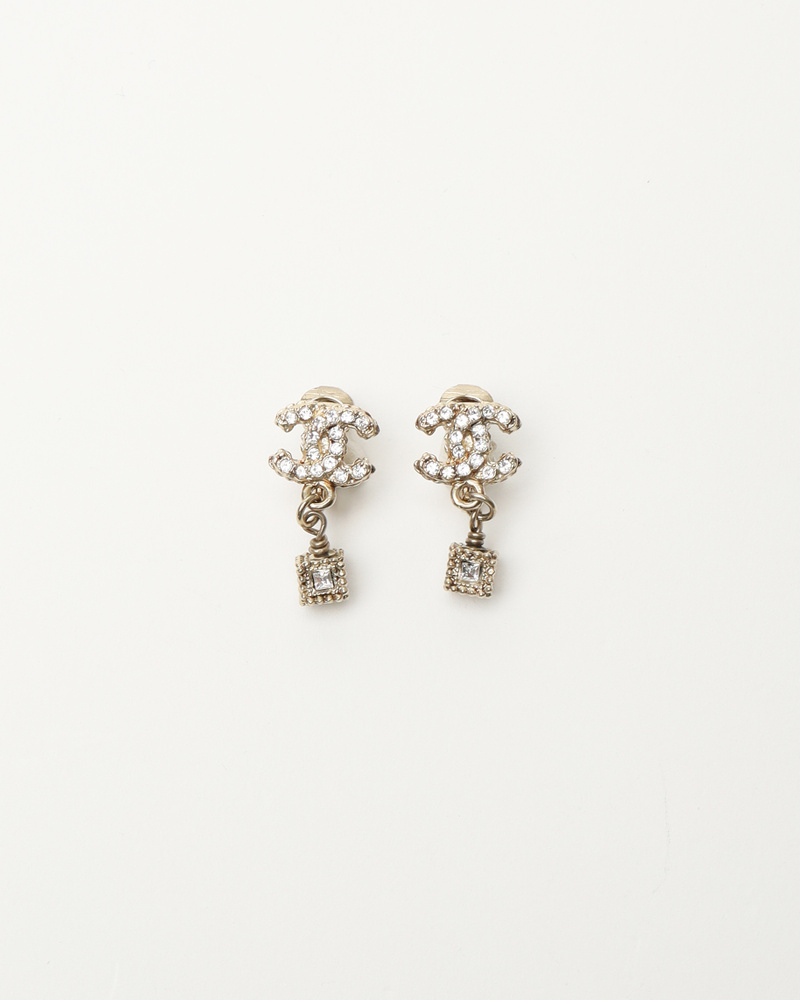 Chanel CC Rhinestone Clip-on Dangling Earrings