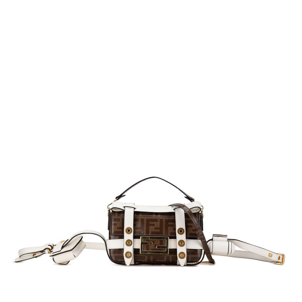 Fendi B Fendi Brown with White Coated Canvas Fabric Mini Zucca Glazed Cage Baguette Satchel Italy