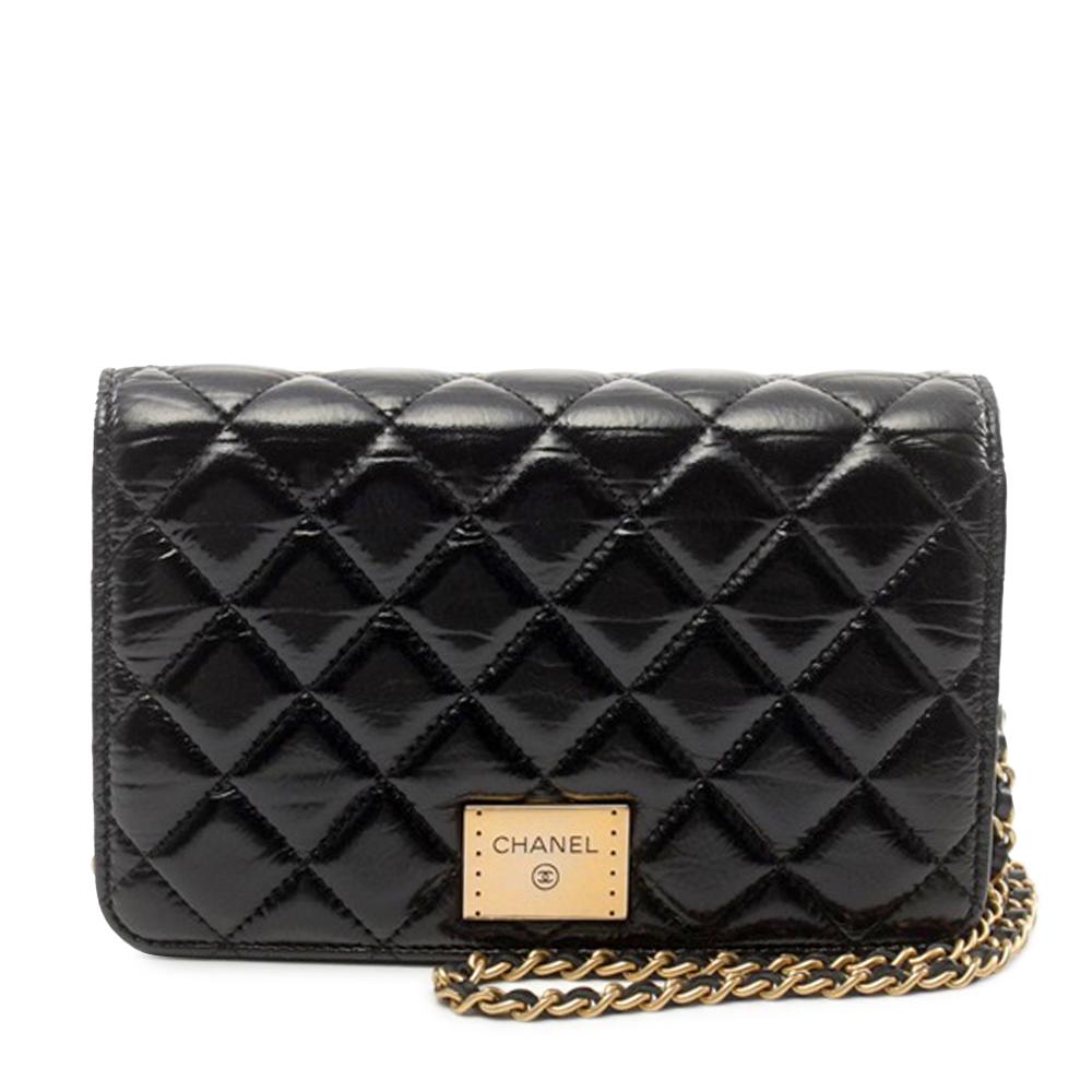 Chanel B Chanel Black Calf Leather Quilted skin Logo Plate Wallet On Chain France