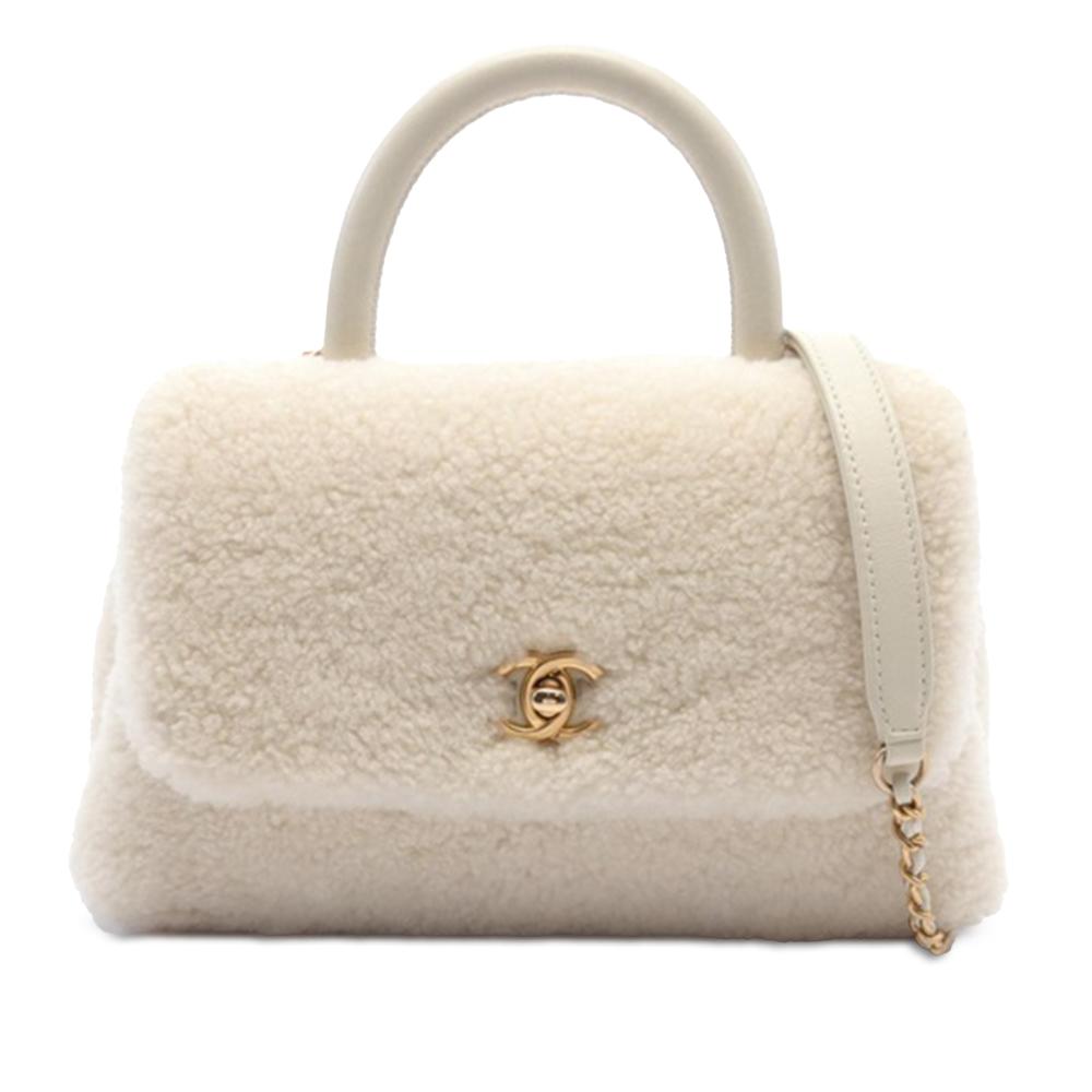 Chanel AB Chanel White Ivory Fur Natural Material Mini Shearling Coco Top Handle Bag Italy