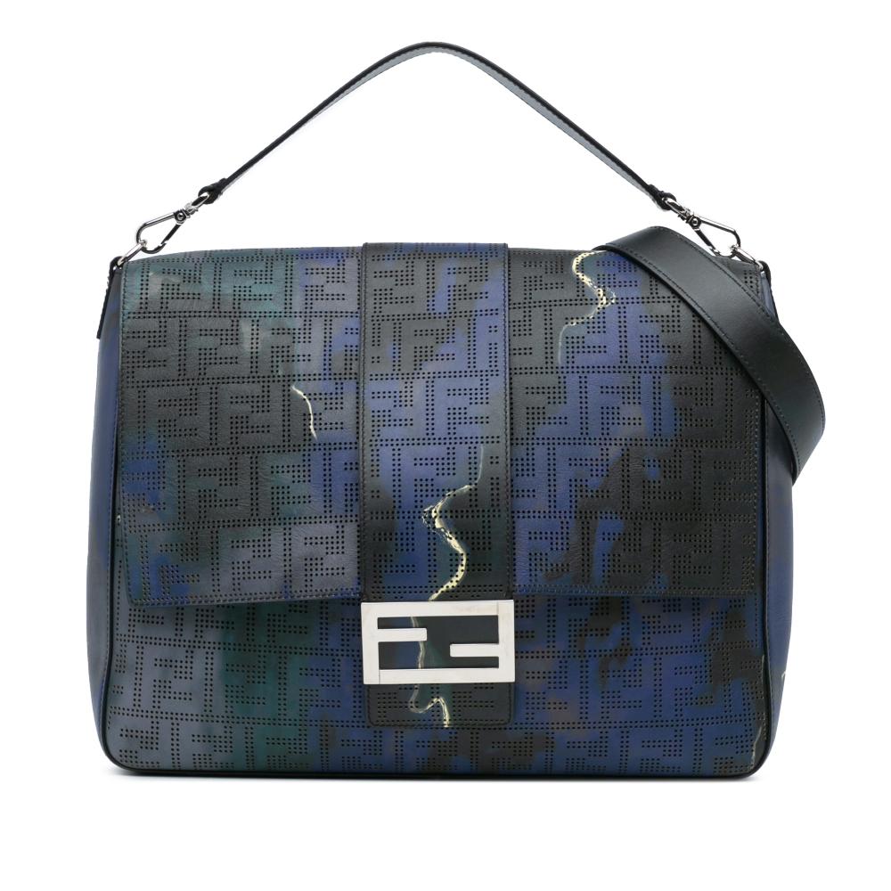 Fendi B Fendi Blue Calf Leather Large Zucca Perforated Baguette Satchel Italy