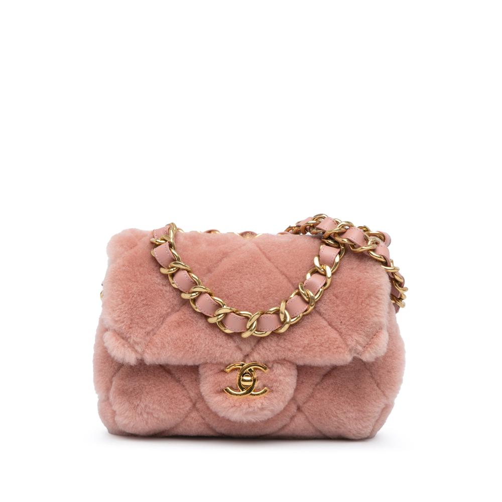 Chanel AB Chanel Pink Light Pink Fur Natural Material Small Quilted Shearling Bar Chain Handle Flap Italy