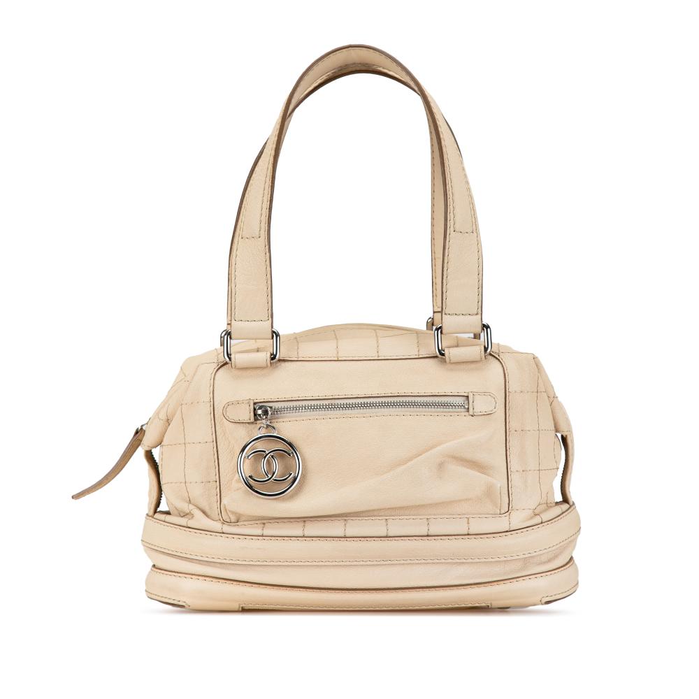 Chanel B Chanel Brown Light Beige Goatskin Leather Square Stitch Essential Bowler Italy