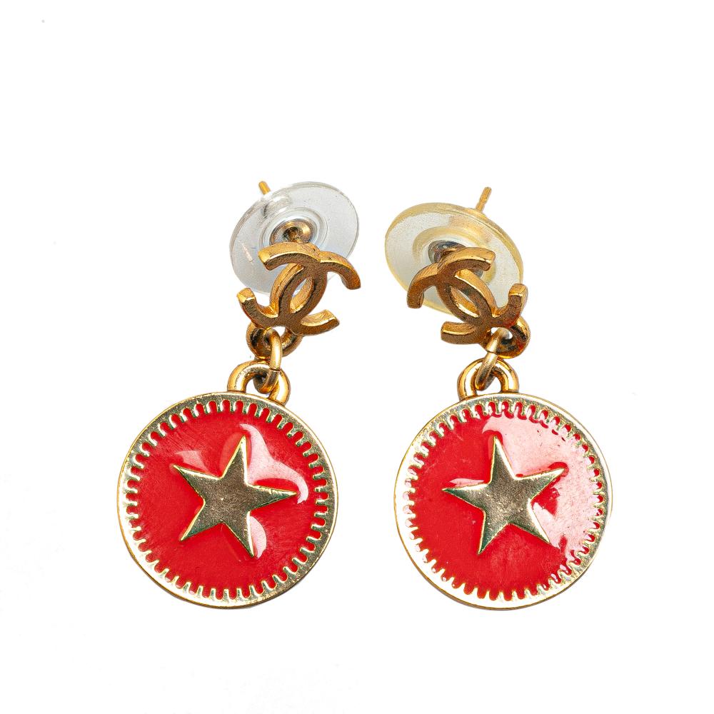 Chanel B Chanel Gold with Red Gold Plated Metal Mini Nico Swing American Star Push Back Earrings France