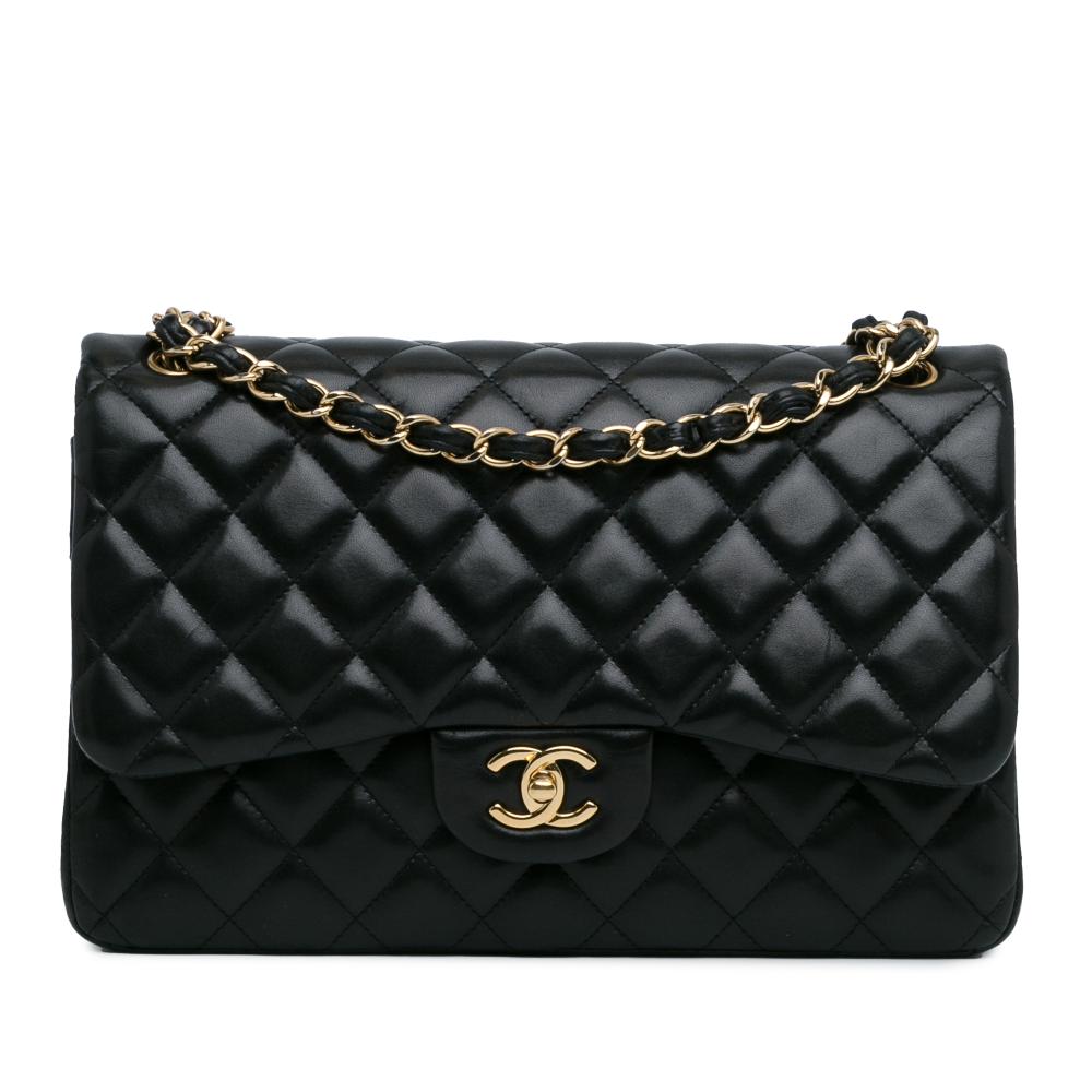 Chanel B Chanel Black Lambskin Leather Leather Jumbo Classic Lambskin Double Flap France