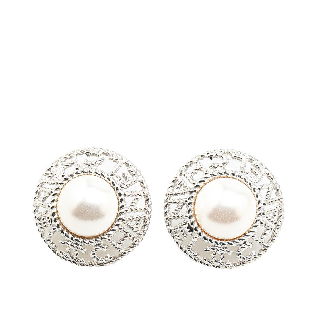 Chanel AB Chanel Gray Platinum Metal Silver Plated Pearl Push Back Earrings France