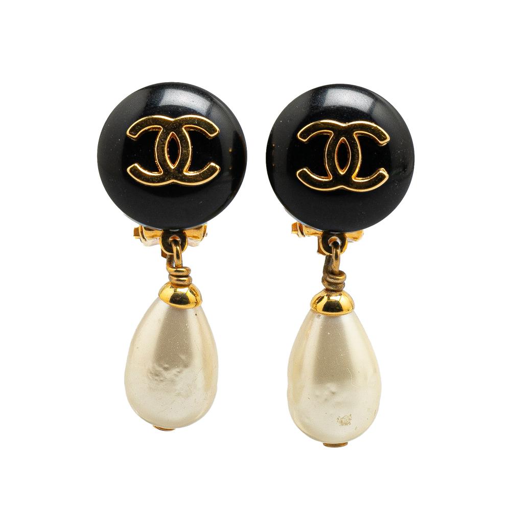 Chanel AB Chanel Gold Gold Plated Metal CC Dangling Faux Pearl Clip on Earrings France