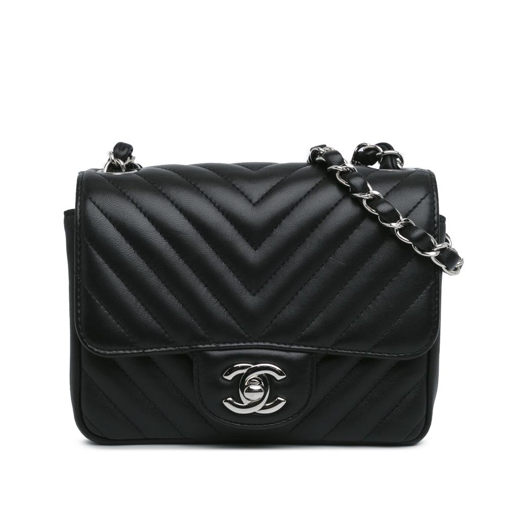 Chanel B Chanel Black Lambskin Leather Leather Mini Square Classic Chevron Lambskin Flap Italy