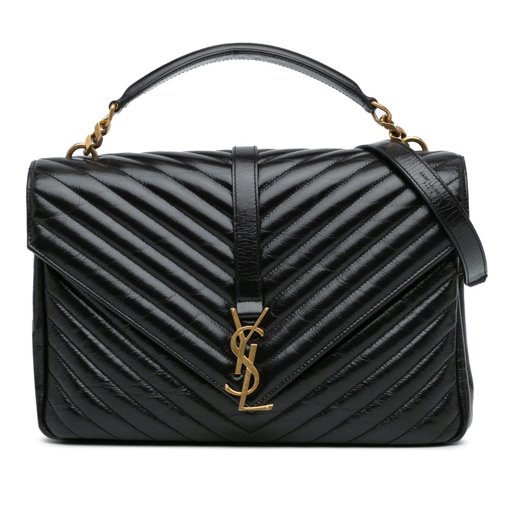 Saint Laurent B Saint Laurent Black Calf Leather Large skin Monogram Chevron College Satchel Italy