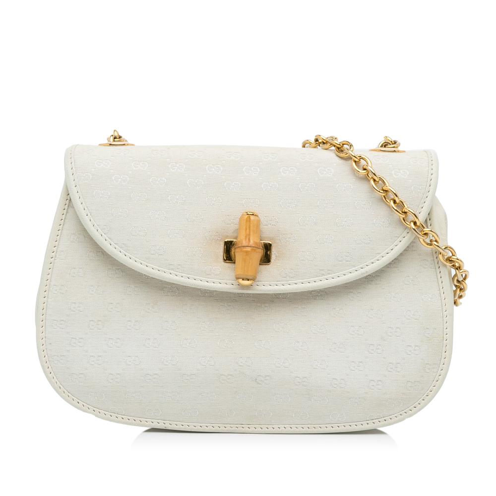 Gucci B Gucci White Canvas Fabric Vintage Micro GG Bamboo Crossbody Bag Italy