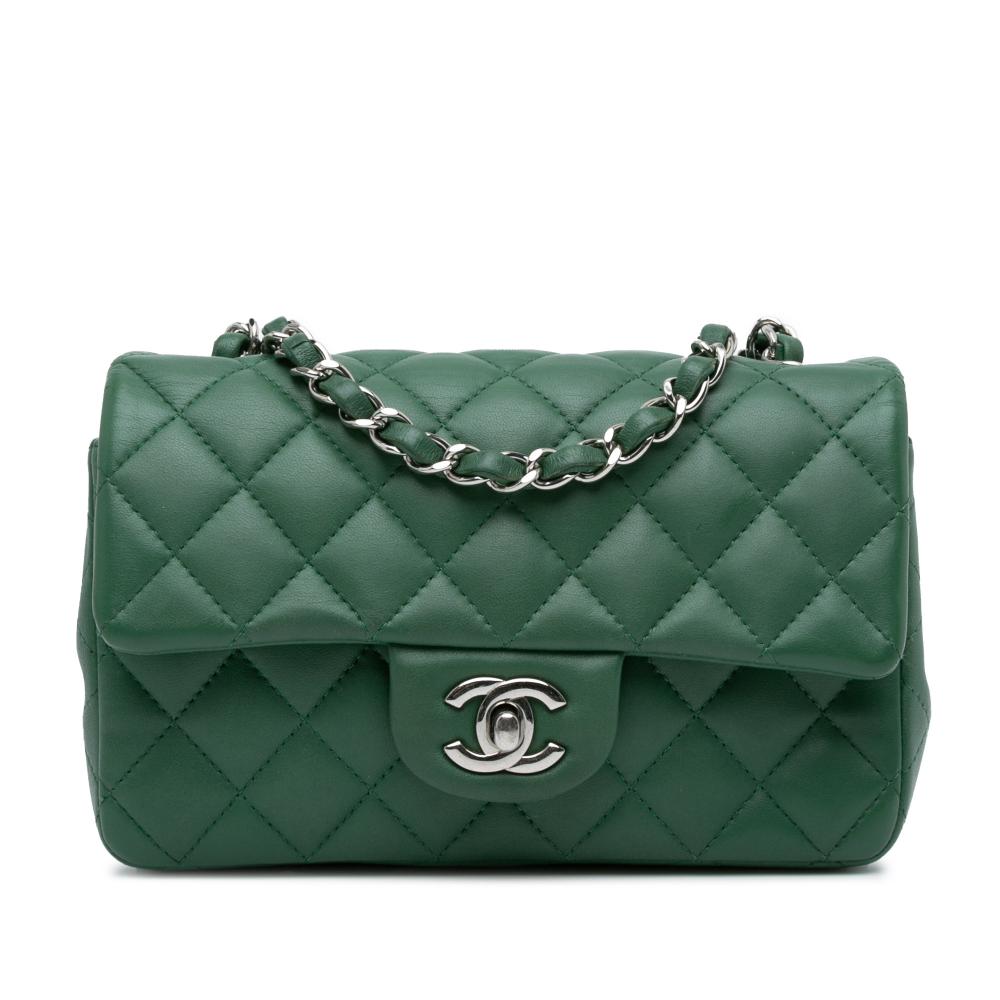 Chanel B Chanel Green Lambskin Leather Leather Mini Rectangular Classic Lambskin Single Flap France