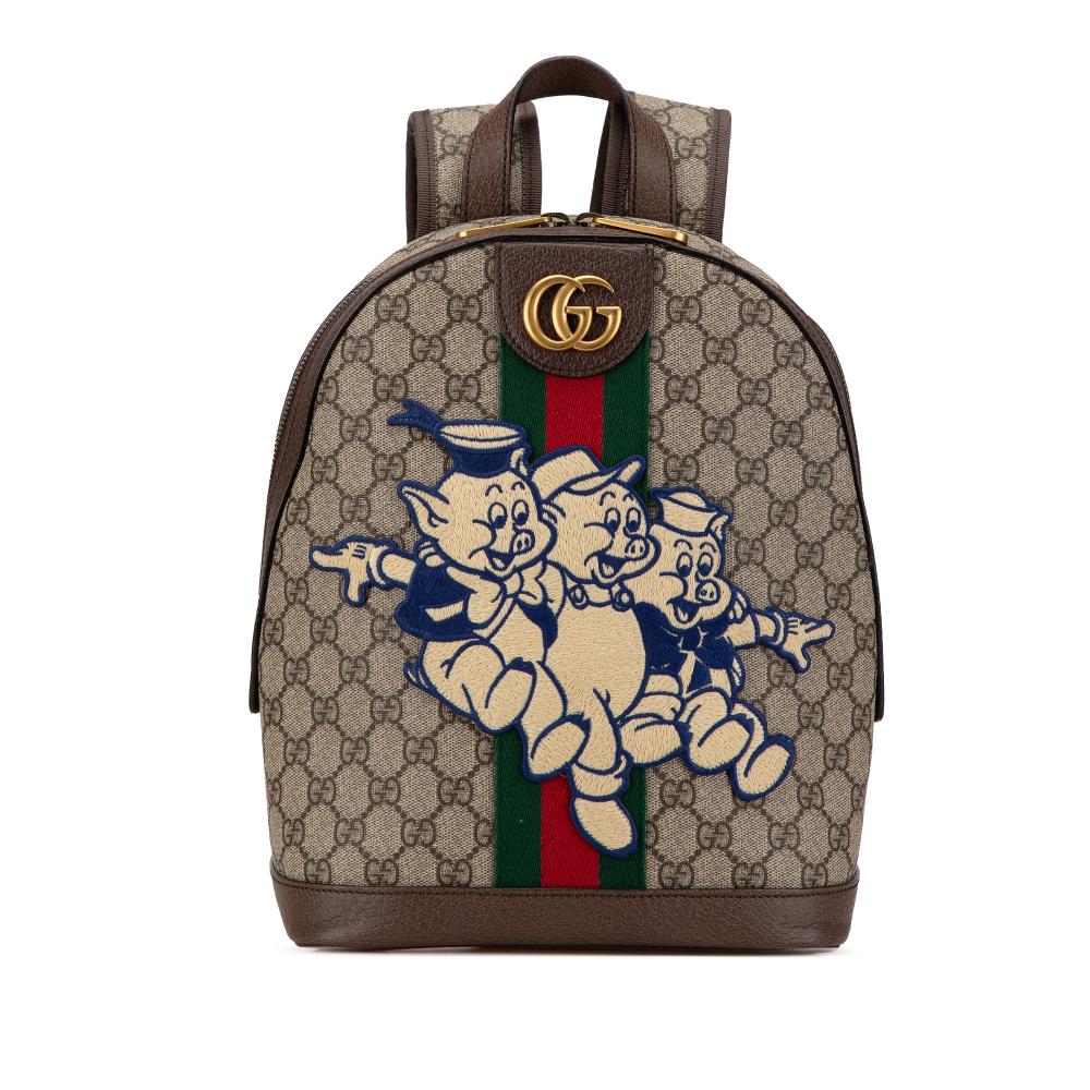 Gucci AB Gucci Brown Beige Coated Canvas Fabric GG Supreme Ophidia Three Little Pigs Backpack Italy