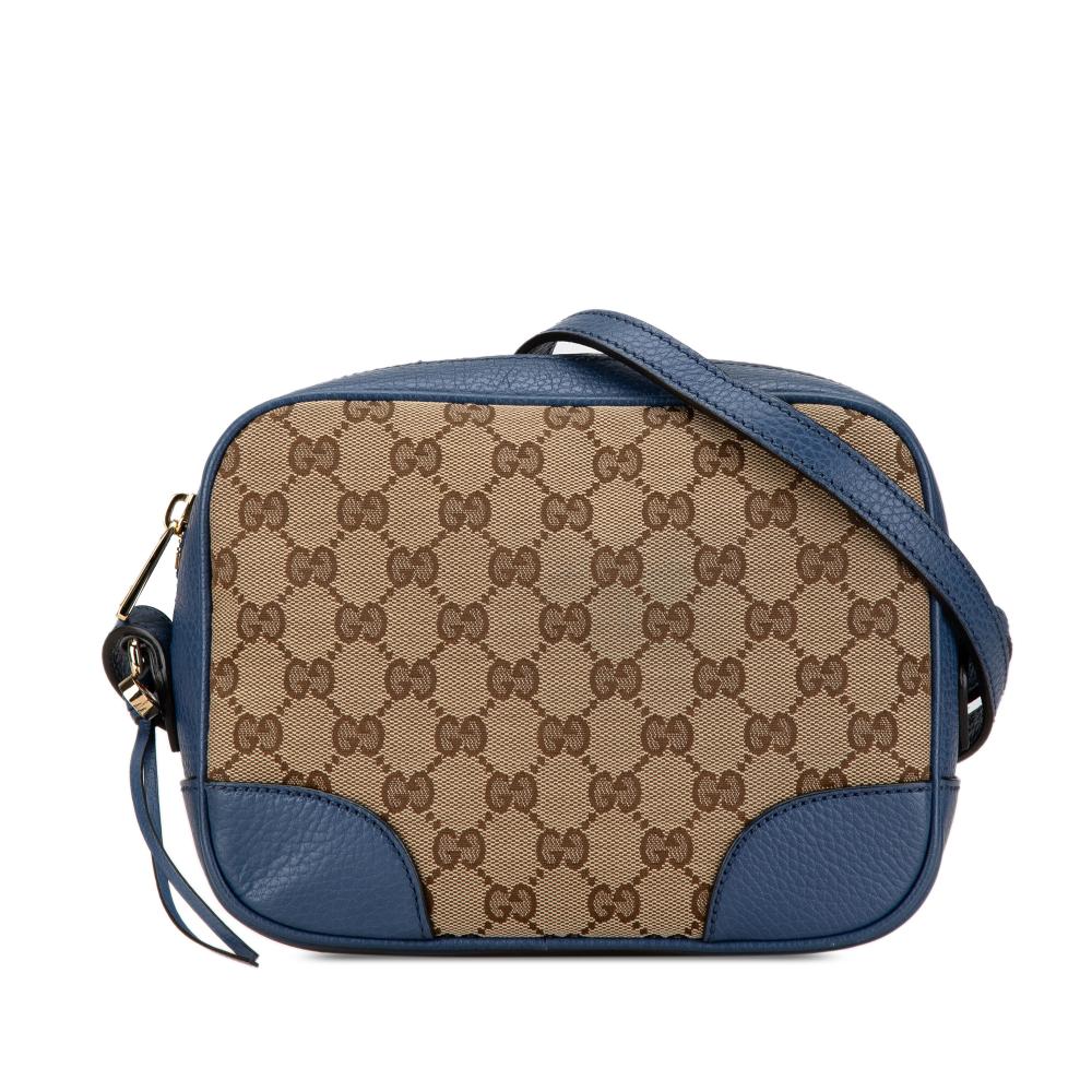 Gucci B Gucci Brown Beige with Blue Canvas Fabric GG Bree Crossbody Italy