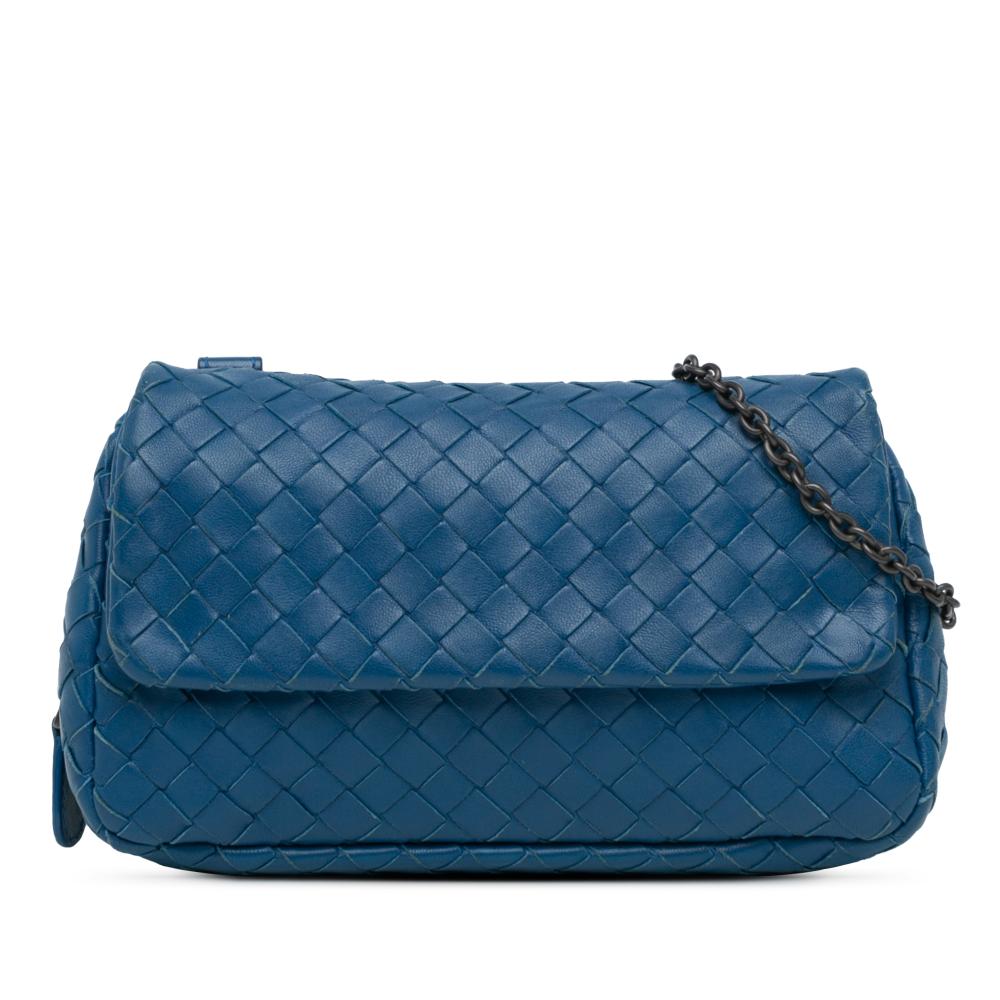 Bottega Veneta B Bottega Veneta Blue Calf Leather Intrecciato Chain Flap Crossbody Italy