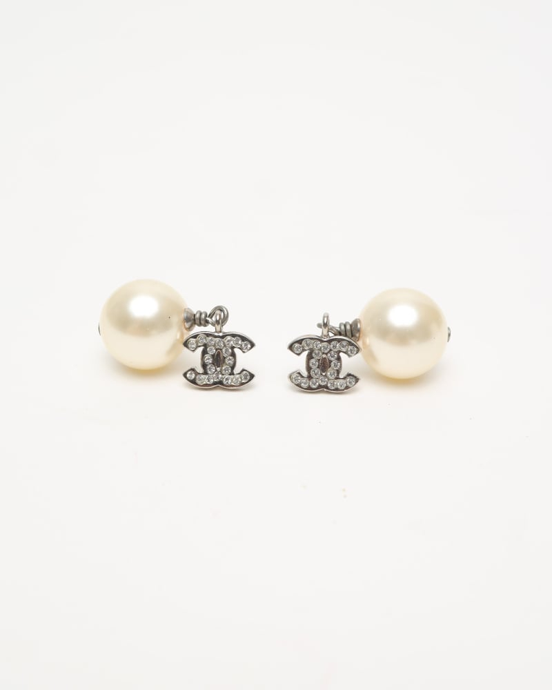 Chanel Coco Mark Rhinestones and Pearls Dangling Earrings