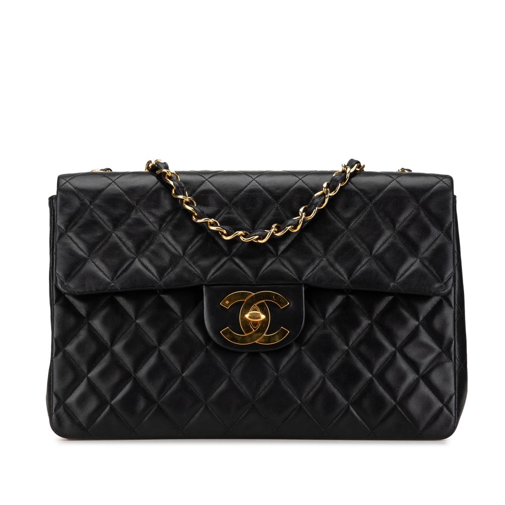 Chanel B Chanel Black Lambskin Leather Leather Maxi XL Classic Lambskin Single Flap France