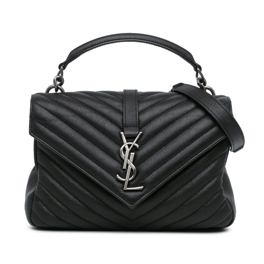 Saint Laurent Black Sheepskin Leather Leather Medium Quilted Chevron Sheepskin College Satchel Italy