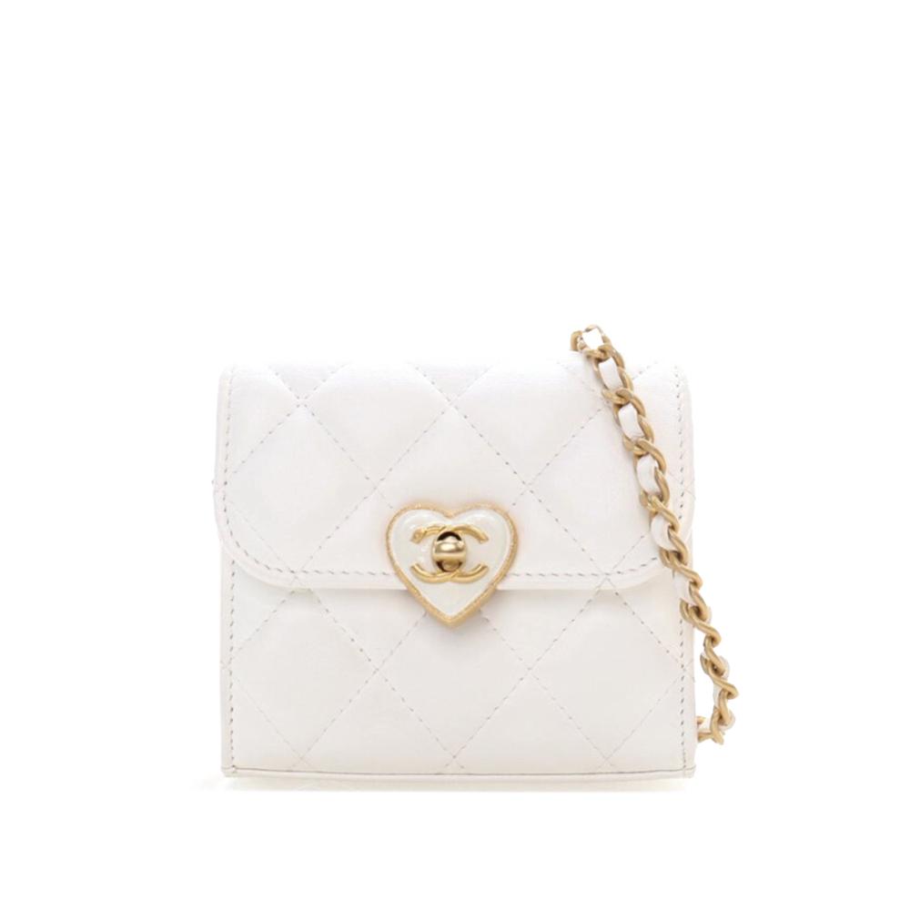 Chanel White Lambskin Leather Leather Mini Quilted Lambskin CC Enamel Heart Clutch With Chain Italy