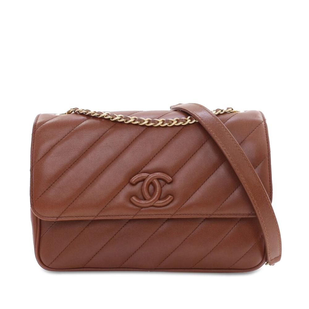 Chanel B Chanel Brown Lambskin Leather Leather Diagonal Quilted Lambskin CC Signature Flap Italy