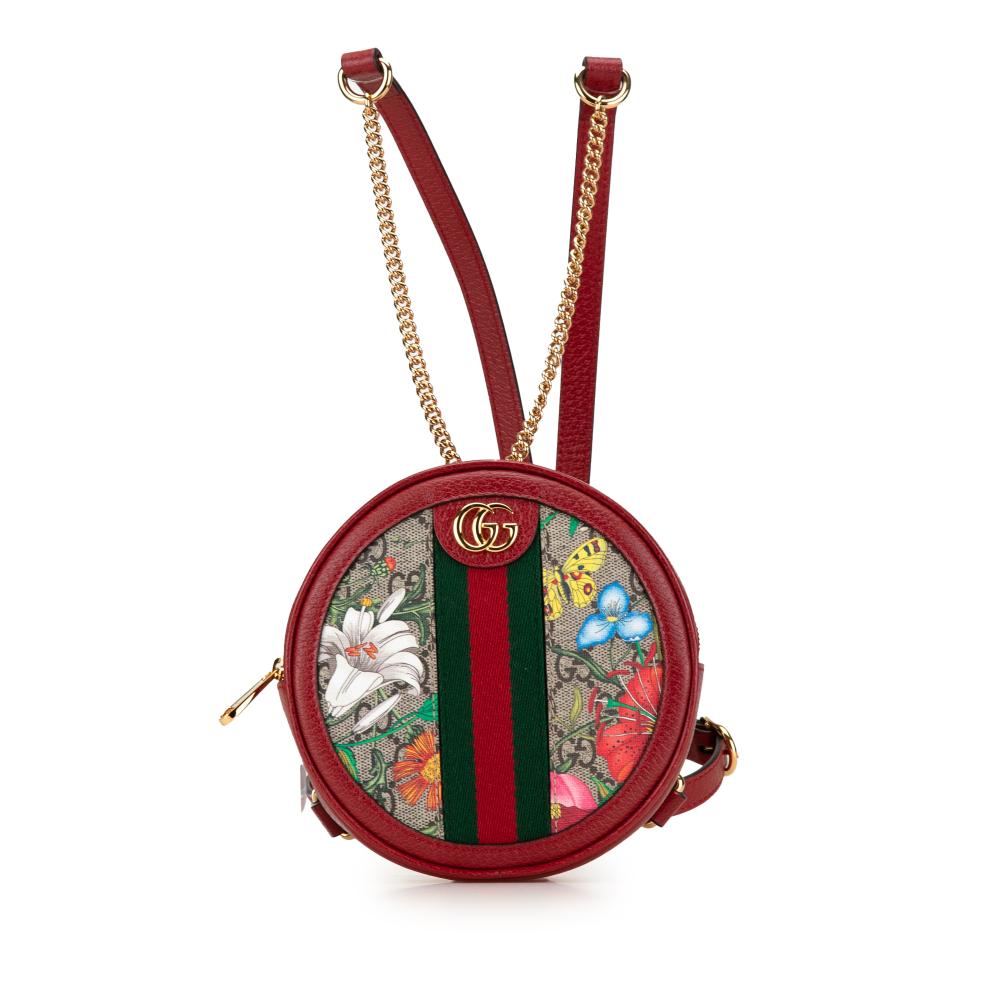 Gucci B Gucci Red with Multi Coated Canvas Fabric GG Supreme Flora Ophidia Round Backpack Italy